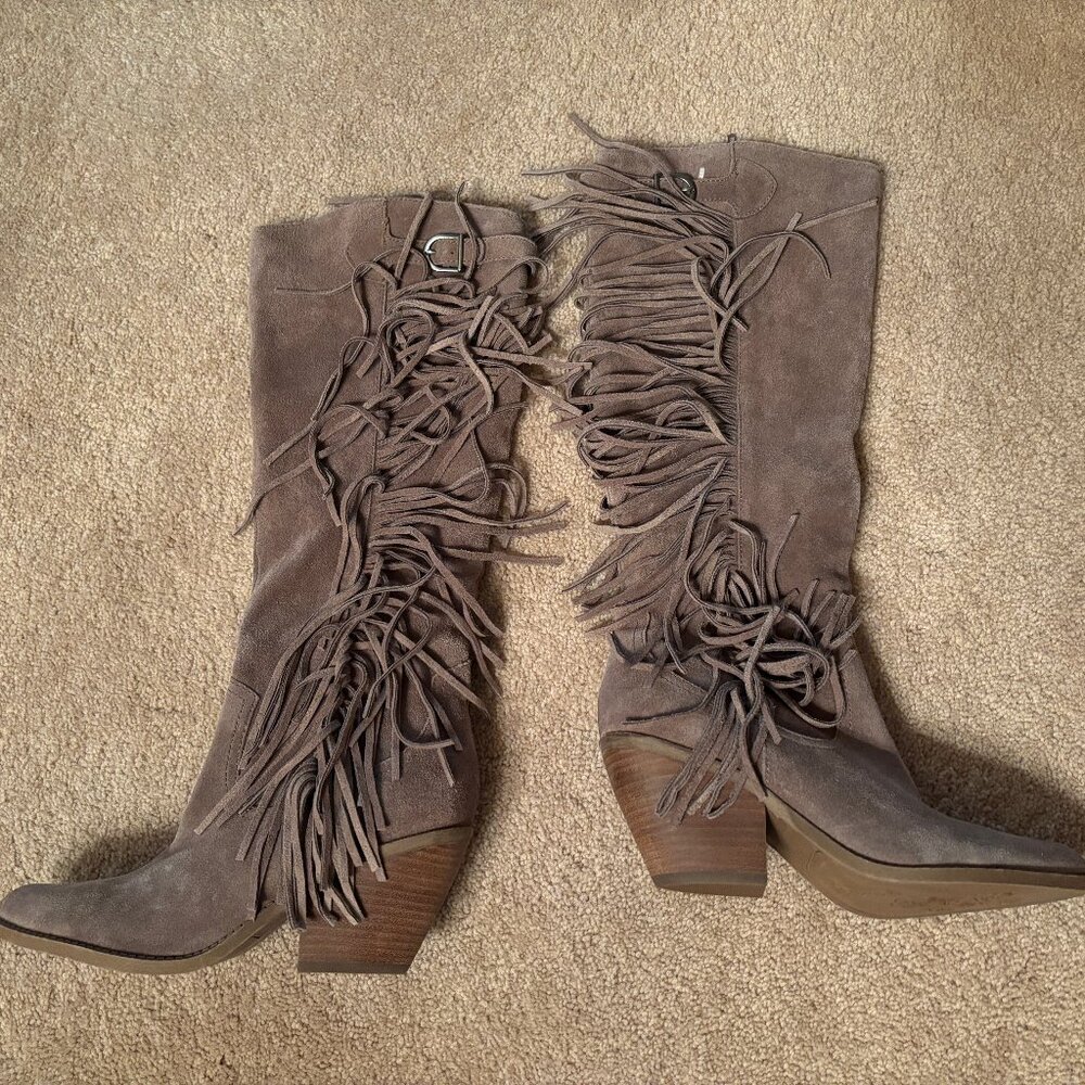 100% Suede Taupe Cowboy Boot with Fringe by Carlos Santana